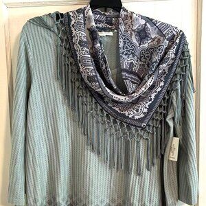 Cactus + Pearl Womens Scarf Knit Green Blouse Size XL Pullover 3/4 Sleeves NWT